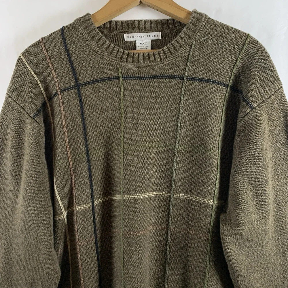 Vintage Geoffrey Beene Mens Cotton Crewneck Sweater XL Olive‎ Brown Preppy Dad